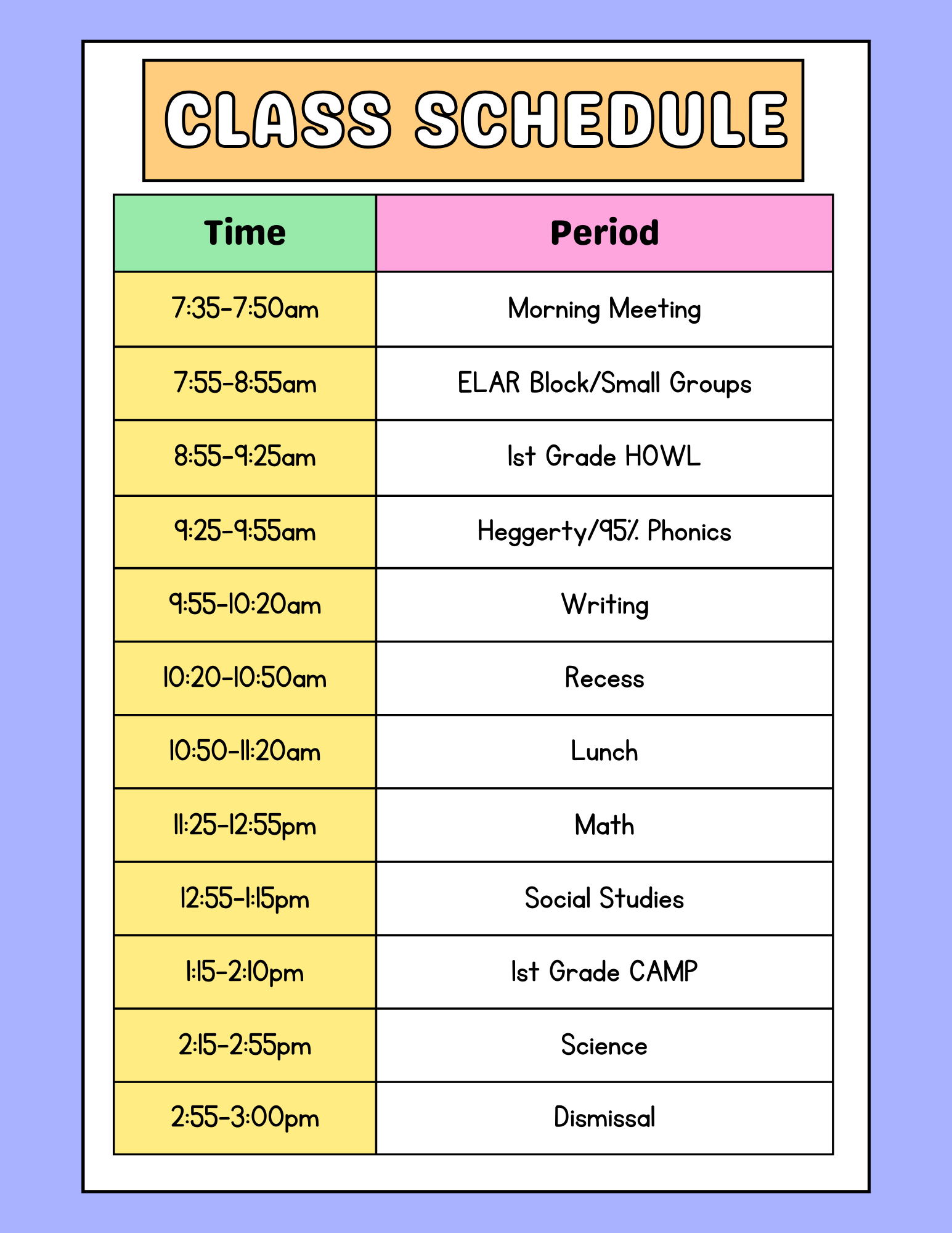 VWES First Grade Schedule