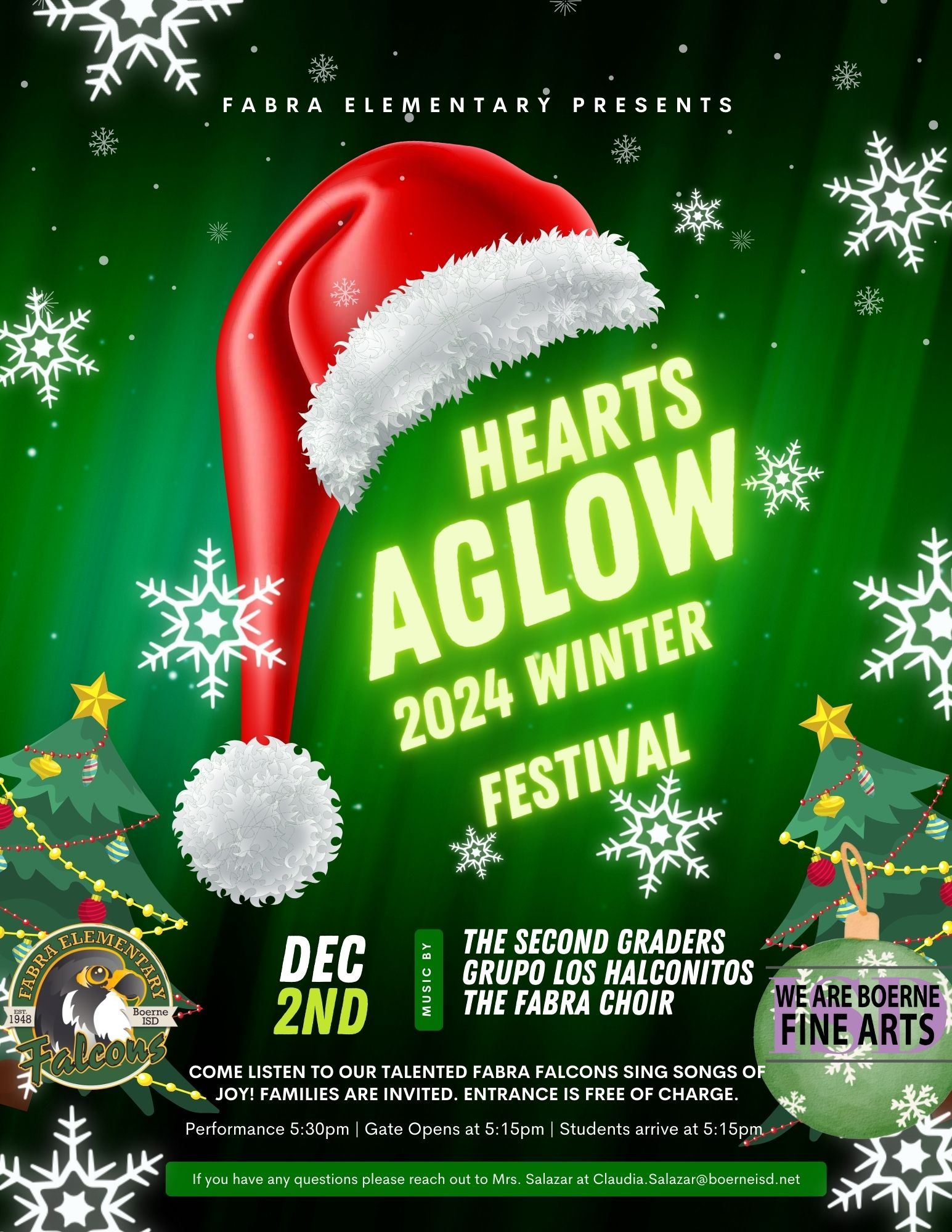 Hearts Aglow 2024 Winter Festival December 2nd at 5:30pm, Gates open at 5:15pm, Students report by 5:15pm.